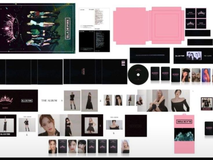 an assortment of black and pink items are arranged on top of each other, including photos