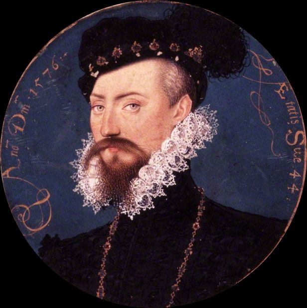 an old portrait of a man with a beard wearing a black hat and white lace