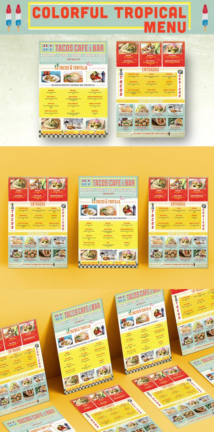 the menu for a restaurant is shown in three different colors and sizes, including red, yellow