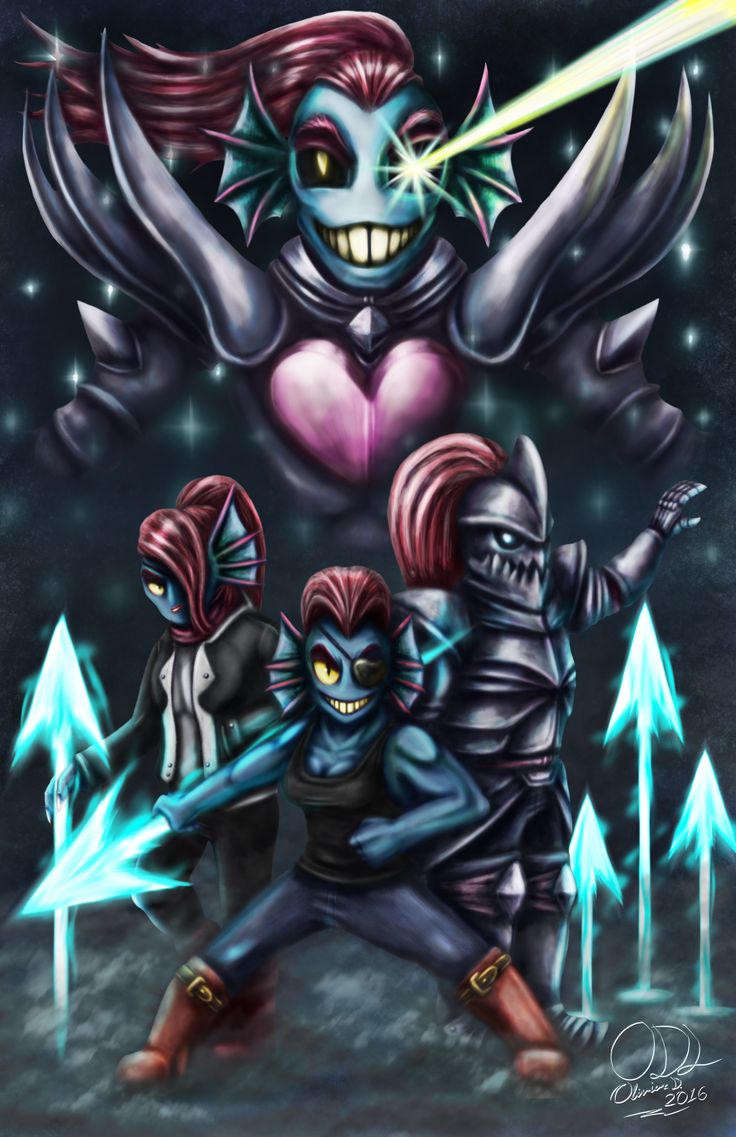 an image of three people in front of a demon with glowing eyes and two arms