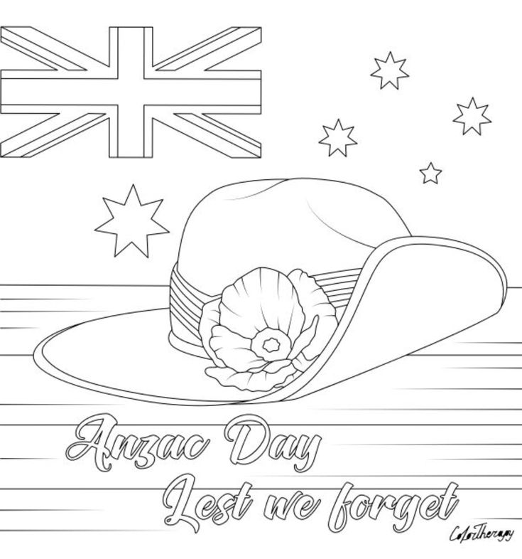 anzac day coloring page with an australian hat and flag in the background for children to color