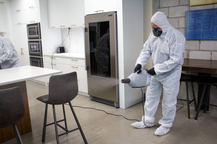 a man in white coveralls pouring water into a refrigerator