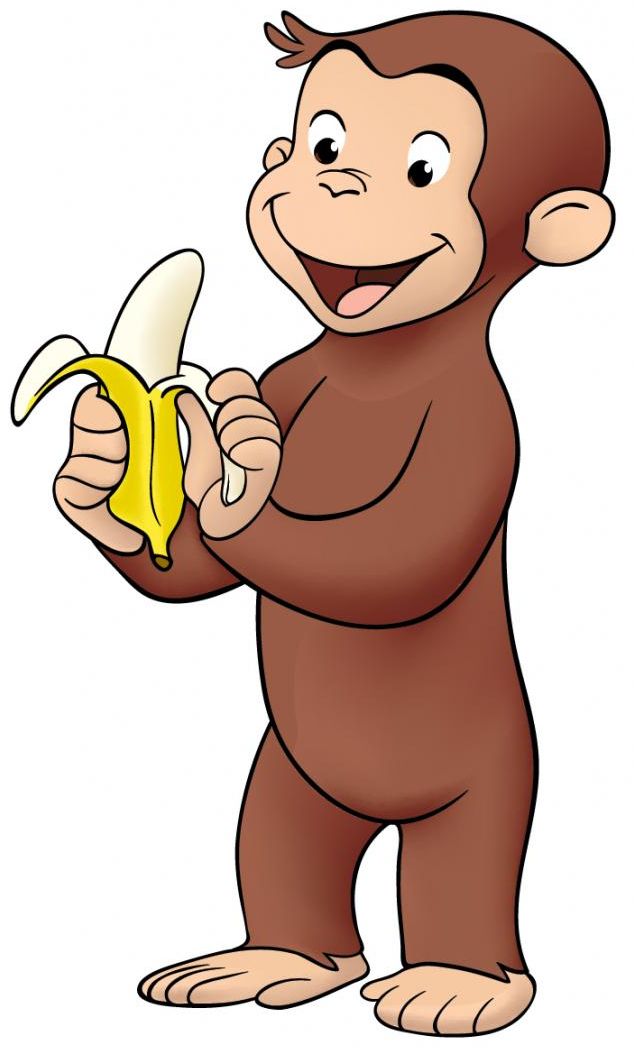 a cartoon monkey holding a banana and smiling