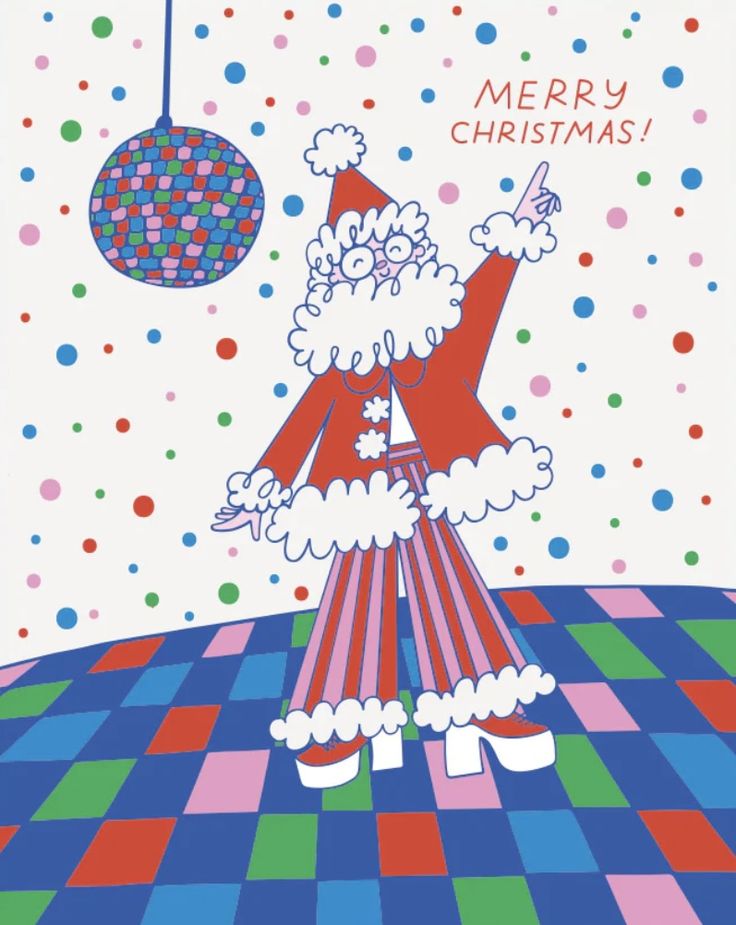 a christmas card with a santa clause standing in front of a disco ball and snowflakes