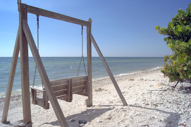 a wooden swing sitting on top of a sandy beach next to the ocean and trees