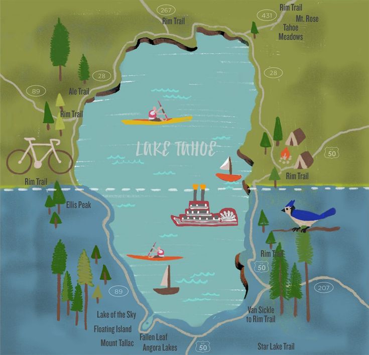 an illustrated map of lake tahoe with boats, canoes, and kayaks