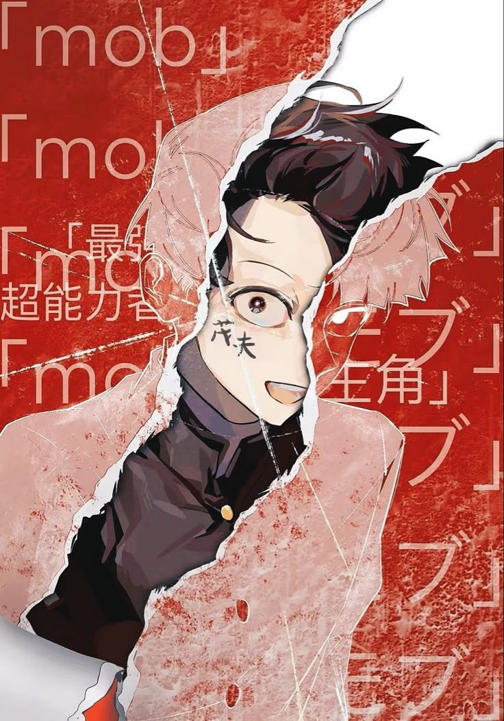 an anime character with black hair and glasses looking through torn up pieces of red paper