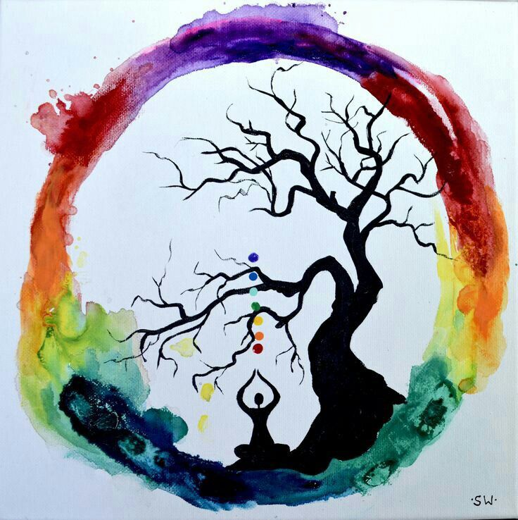 a painting of a tree in the middle of a circle with colored paint on it