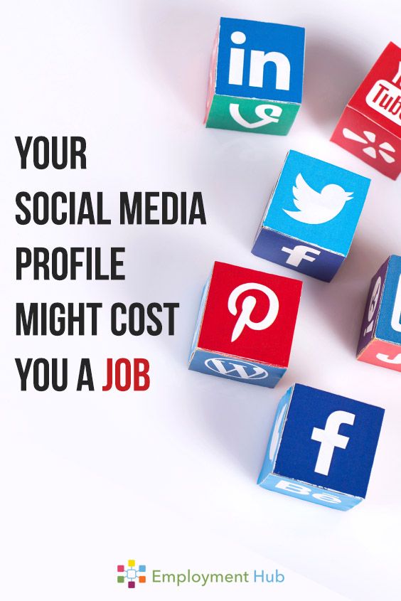 blocks with social media logos on them and the words, your social media profile might cost you a job