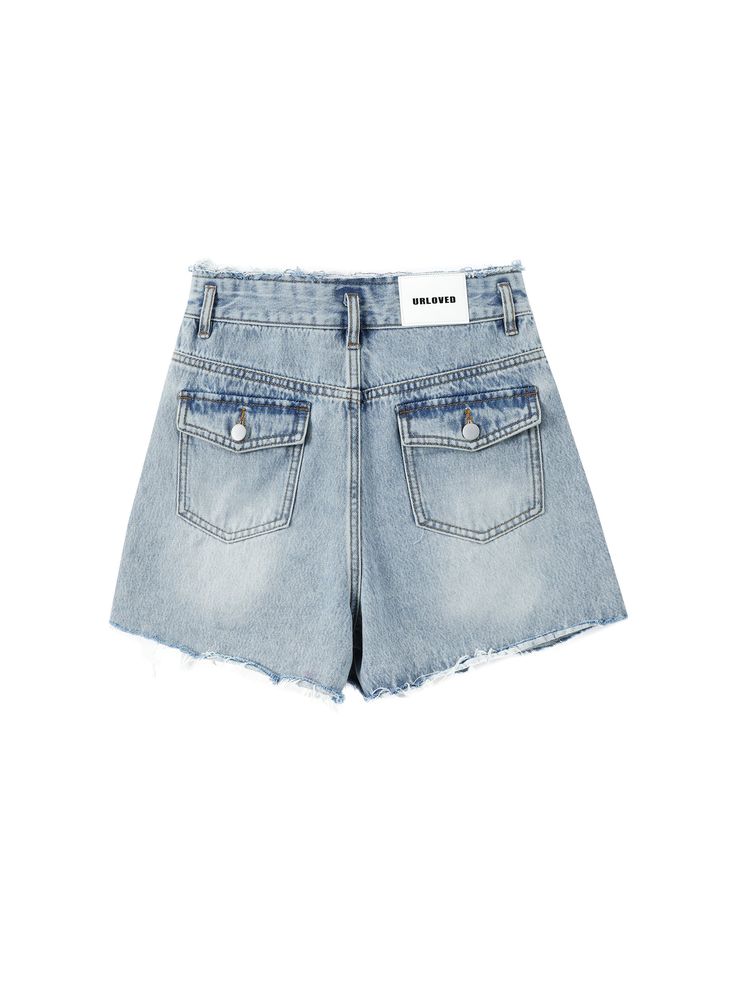 Details: Summer jeans in washed blue are so versatile!Irregular handmade raw edges on the waistband and leg.Mid-rise waist designA-line cropped shorts Materials & Care: Cotton 100% Hand wash | Dry clean Do not bleach Size & Fit: Model is 5'7", Bust 32, Waist 24, Hips 35, wearing a size S Item #: JN2DP07 High-waisted Denim Shorts With Frayed Hem, Trendy Shorts With Five Pockets, Light Wash Short Jeans With Belt Loops, Short Light Wash Jeans With Belt Loops, Denim Blue Cutoff Shorts With Frayed Hem, Light Wash Denim Shorts With Belt Loops, Medium Wash Cutoff Shorts With Five Pockets, Medium Wash Five Pocket Shorts For Summer, Light Wash Bottoms With Five Pockets For Summer