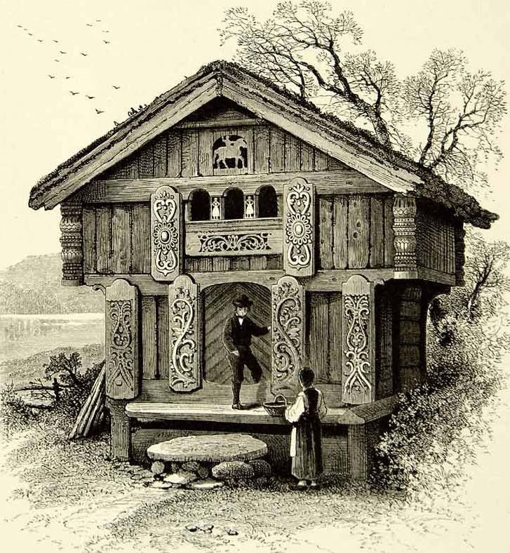 an old drawing of a man and woman in front of a wooden structure with animals on it