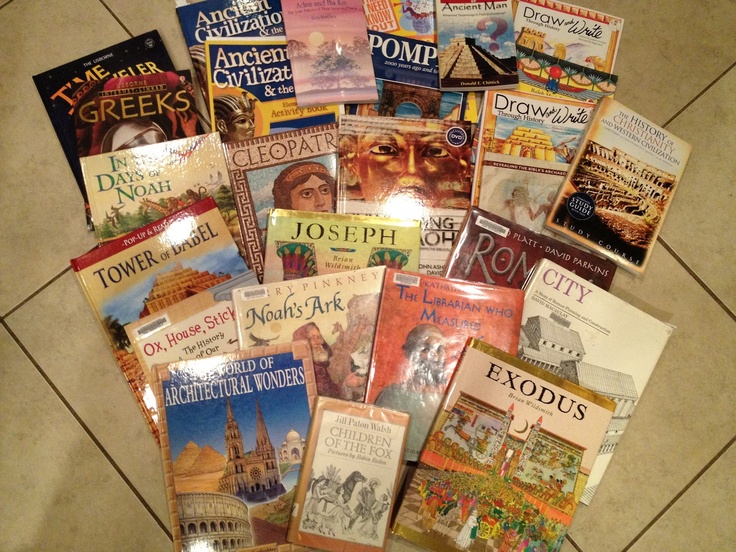 a pile of books sitting on top of a tiled floor