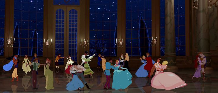 disney's princess and the frog dance together in front of a window at night