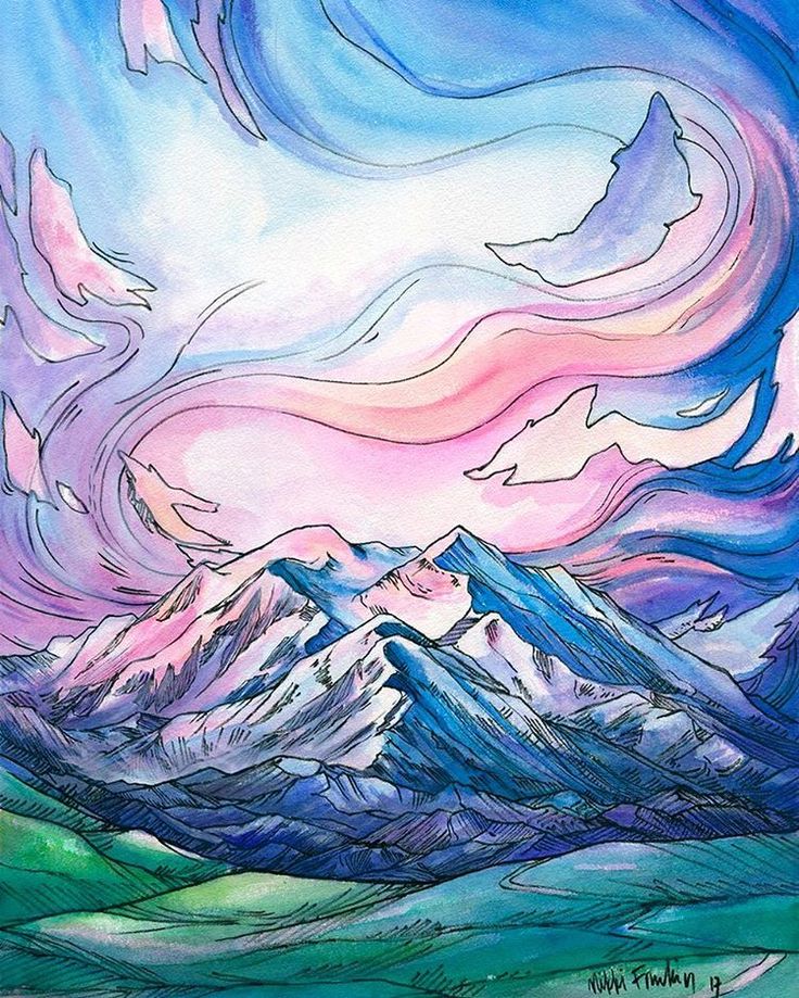 a painting of mountains and clouds in the sky