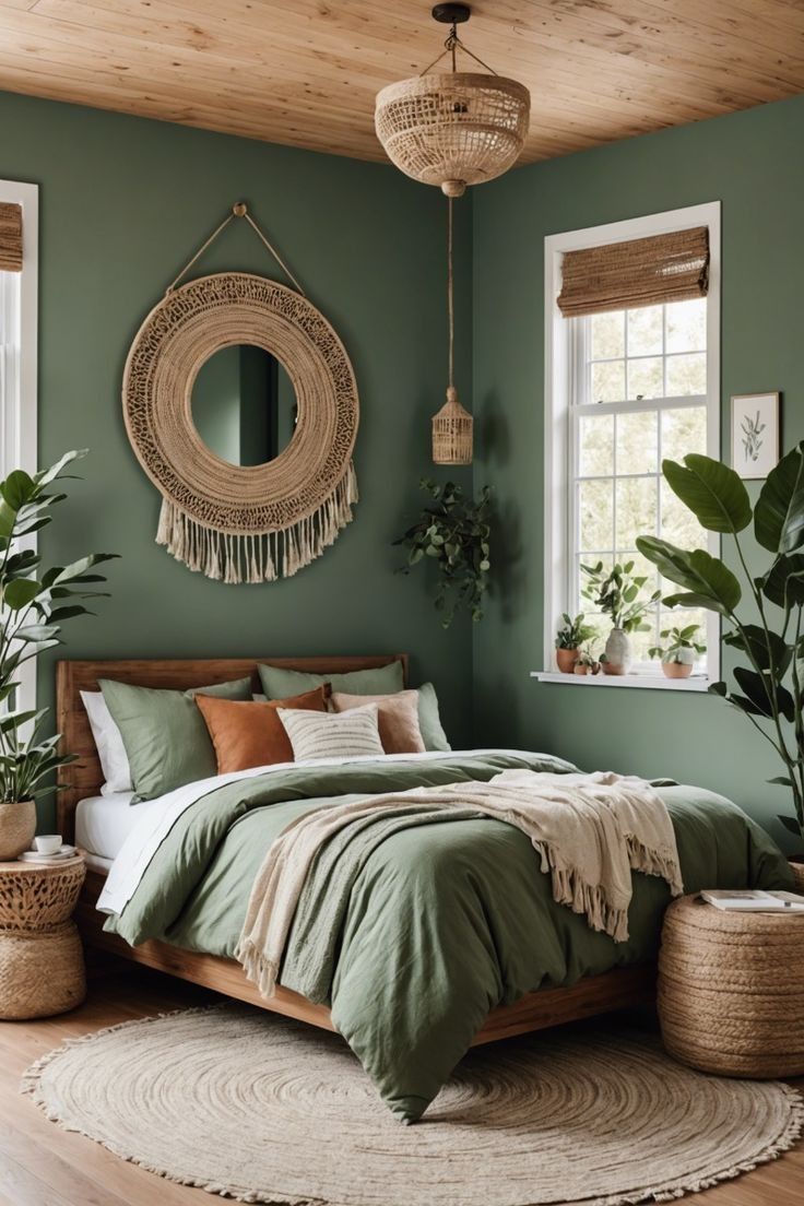 a bedroom with green walls and wooden floors, a round mirror hanging above the bed