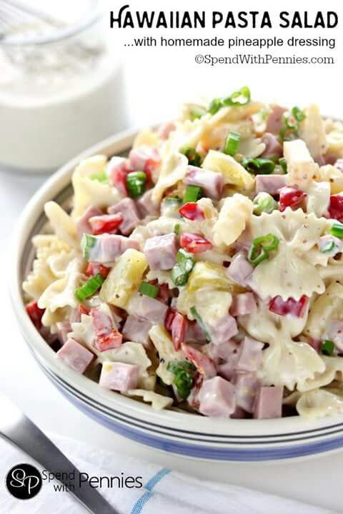 hawaiian pasta salad with ham and pineapple dressing is an easy side dish that can be made in less than 30 minutes