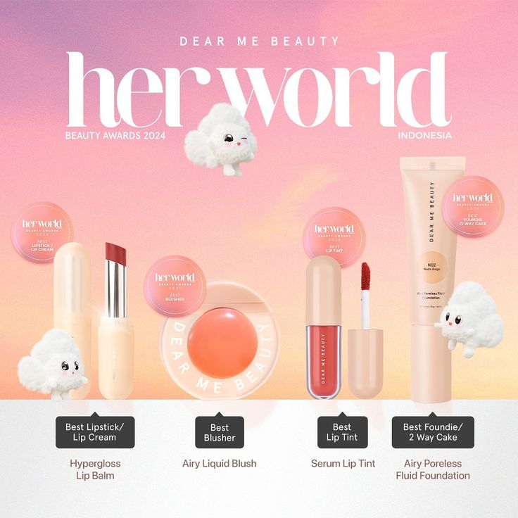 an ad for herworld cosmetics featuring products