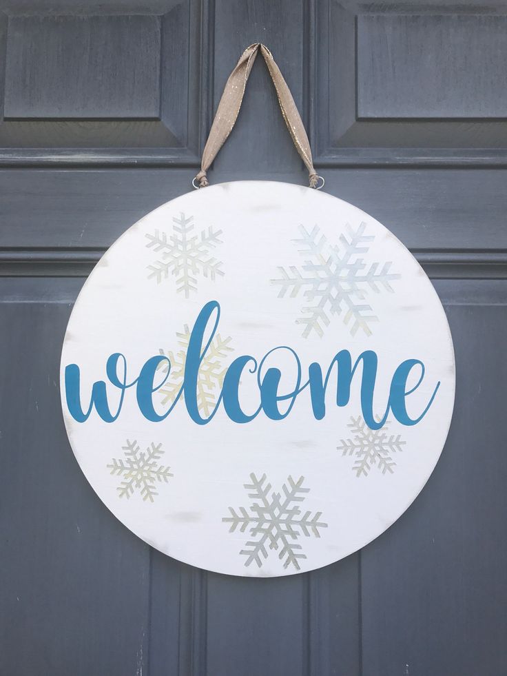 Welcome winter holiday front door hanger wood sign snowflake | Etsy