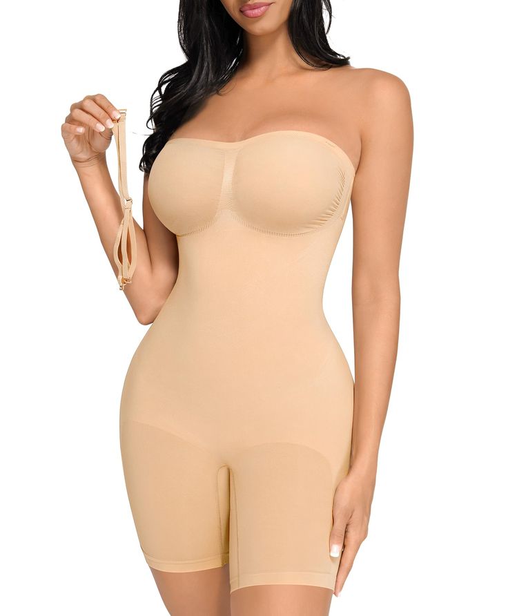 PRICES MAY VARY. Removable Straps Design: Featuring a strapless neckline, this bodysuit comes with matched colors and clear adjustable straps, allowing you to style it in multiple ways: strapless, conventional, cross-back, clear shoulder straps, or halter look. NO Curling & Rolling Design: This bodysuit using anti-slip gel strip and steel bones to prevent rolling. Anti-slip gel strip on the top to keep it from rolling down. 2 Steel bones under armpits on both sides to prevent curling. Mid thigh Strapless Shaping Bodysuit With Built-in Bra, Strapless Smoothing Bodysuit Shapewear, Strapless Smoothing Shapewear Bodysuit, Strapless Shaping Bodysuit Shapewear, Strapless Shaping Bodysuit, Strapless Shapewear Bodysuit With Built-in Bra, Strapless Shapewear Bodysuit With Lined Body, Solid Strapless Smoothing Bodysuit, Seamless Sculpting Strapless Shapewear