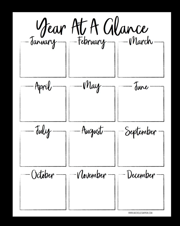 the printable year at a glance calendar with months in each month and numbers on it