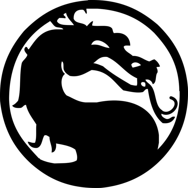 a black and white silhouette of a dragon in a circle with its tail curled up