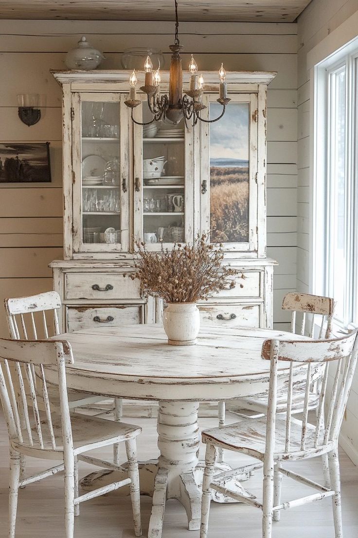 a white dining room table with chairs around it