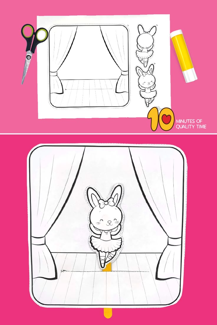 the instructions for how to draw a cartoon rabbit in front of a curtain with scissors