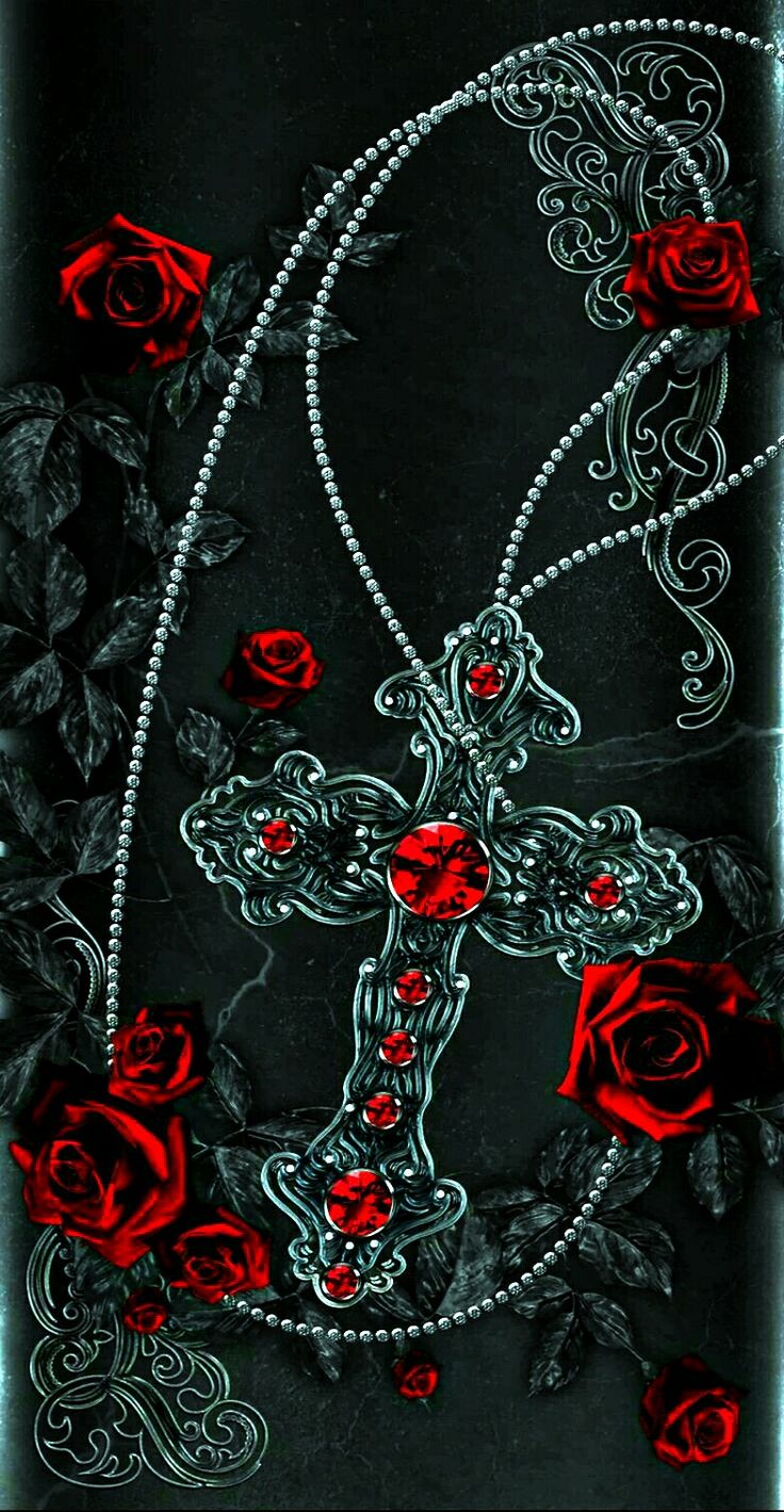 a cross with red roses on it is in the middle of a black and white background