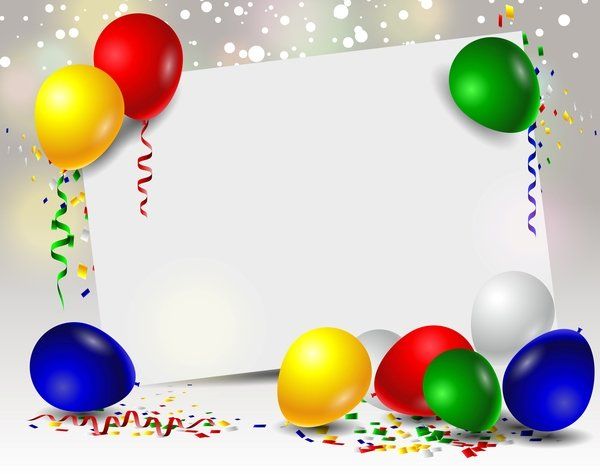 balloons and confetti on a white background with a happy birthday sign