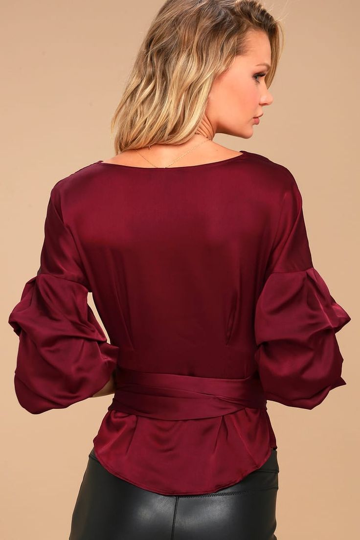 Chic Burgundy Top - Satin Top - Wrap Top - Statement Sleeve Maroon Top Outfit, Satin Wrap Top, Maroon Top, Top Satin, Burgundy Top, Statement Sleeves, Top Outfit, Satin Color, Satin Top