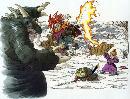 an image of a dragon attacking a man in the snow with two other people nearby