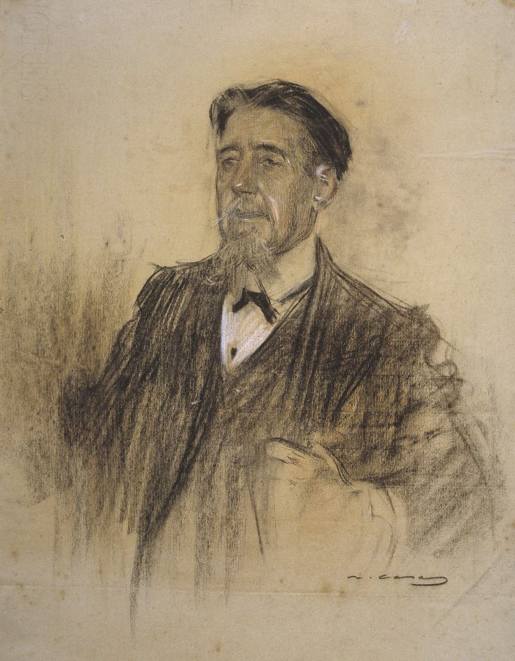 an old drawing of a man with a beard and wearing a suit, sitting in front of a wall