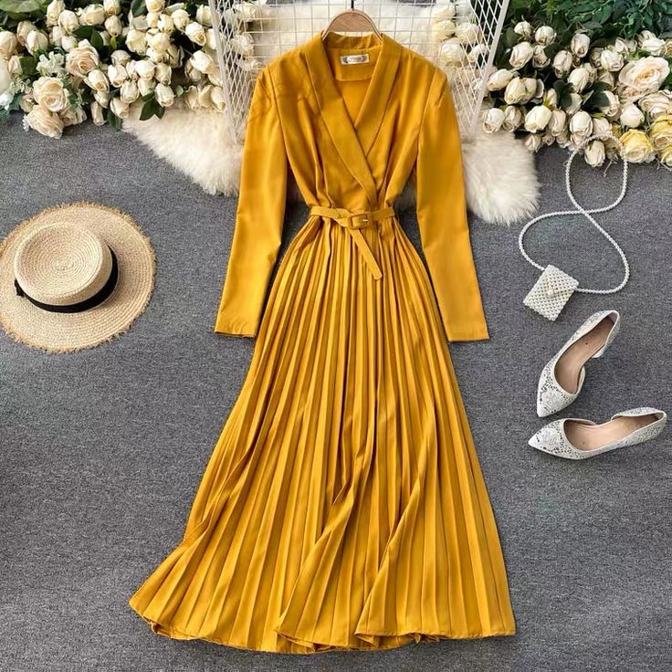 Autumn and winter new dress, V collar, lace waist, long sleeves elegant pleated dressMaterial:blendedStyle:elegantFeatures:pleatedColor:black,red,green,yellow,apricot,purple redSize(cm):free 1inch=2.54cmlength:125,bust:100,waist:74&ltp&gtNote:Due to different measurement methods,there will be 1-3 error(unite:cm), please understand.</p>&ltbr/> Elegant Fall Midi Dress With Pleated Waist, Elegant Pleated Midi Dress For Fall, Elegant Pleated Dresses For Fall, Elegant Long Sleeve Pleated Dress, Pleated A-line Long Sleeve Dress For Formal Occasions, Yellow Long Sleeve Dress For Fall, Chic Pleated Long Sleeve Dress For Work, Elegant Long Sleeve Pleated Maxi Dress, Elegant Long Sleeve Pleated Formal Dress