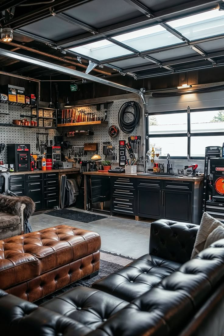 a garage with leather couches and lots of storage