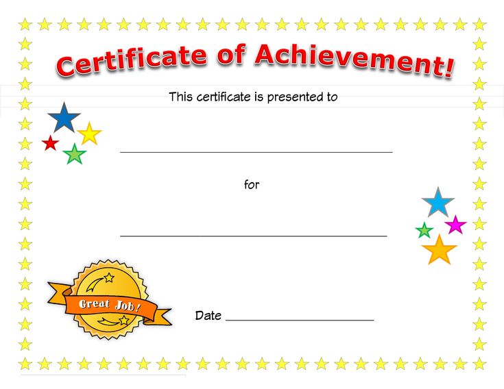 certificate of achievement with stars and ribbon on white paper, for children to be awarded