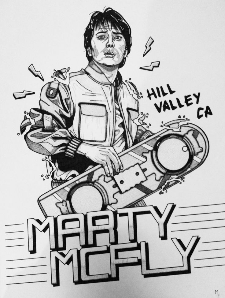 a black and white drawing of a man holding a skateboard with the words marty mcfly on it