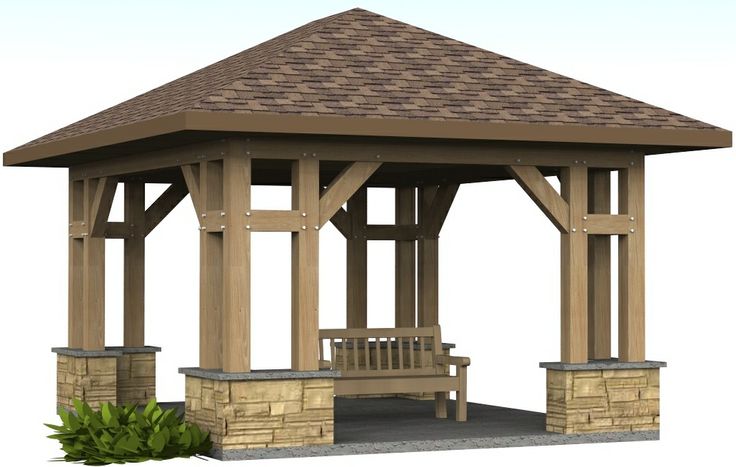 a wooden gazebo sitting next to a green bush