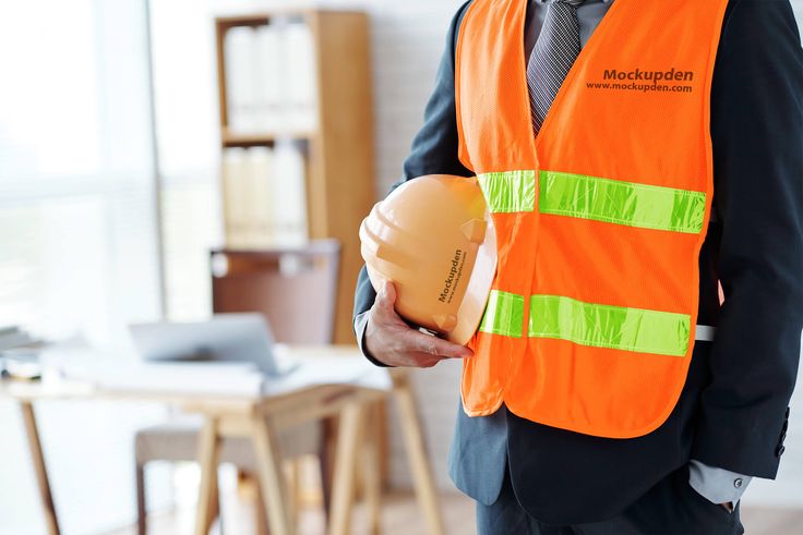 a man in an orange safety vest holding a hard hat