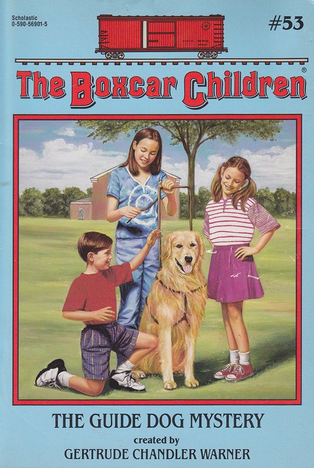 the boxcar children magazine cover with two kids and a golden retriever on it