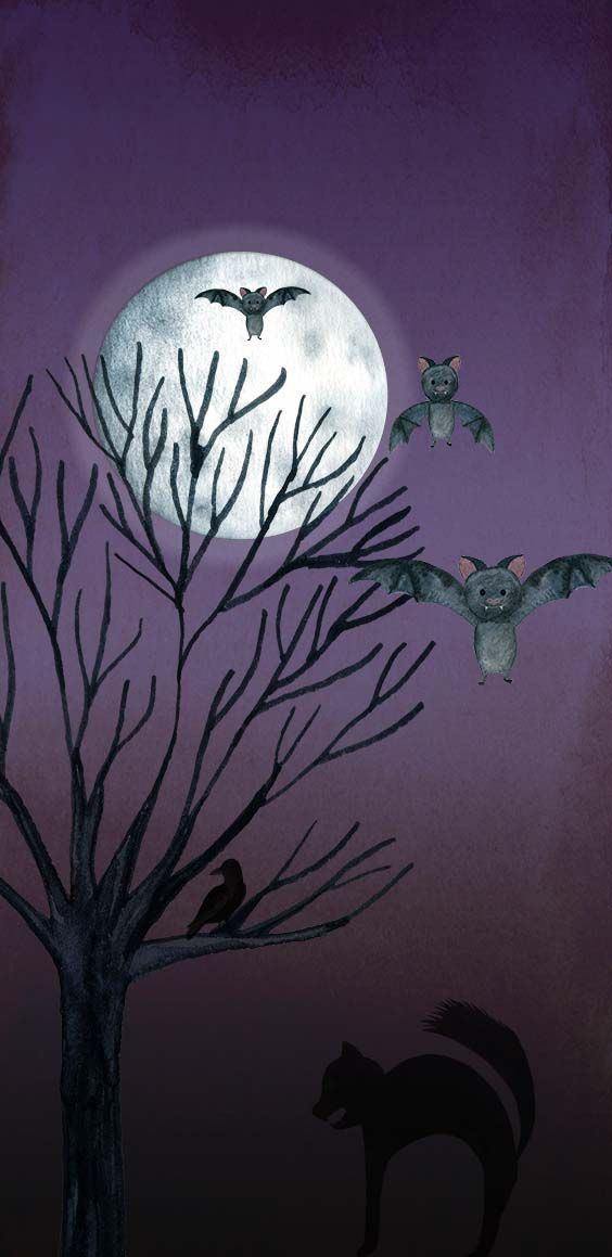 bats flying in front of a full moon and tree with cat silhouettes on it