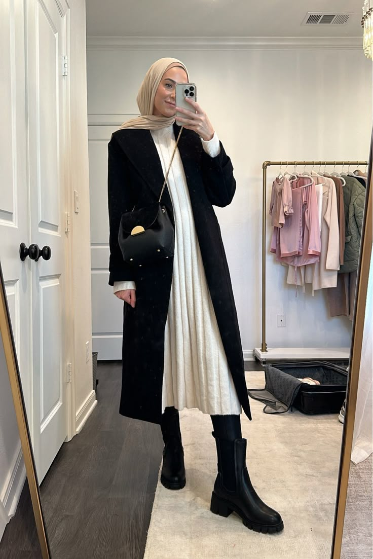 Black Dress For Winter Casual, Black Coat Winter Outfits Women, Hijabi London Outfits, Modest Winter Dress Outfit, Modest Knit Dress, Winter Knit Dress Outfit, Winter Dress Hijab Outfit, Coats With Dresses Outfit, Winter Outfit With Dress