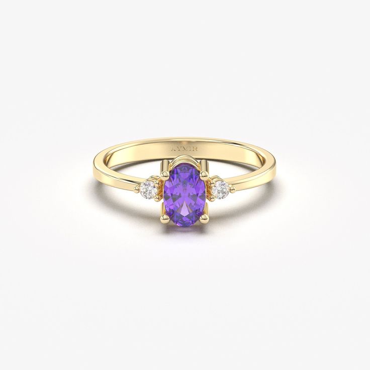 💎This stunning Amethyst Unique Diamond Ring is a true statement piece! Handcrafted with a beautiful Purple Amethyst Gemstone set in 14k Solid Gold, this ring is sure to turn heads. The exquisite design features a Modern twist on a classic style, making it the perfect gift for a February birthday or any special occasion. Treat yourself or a loved one to this luxurious and timeless piece that will be cherished for years to come. 💎 F E A T U R E S ▸ Made to Order ▸ Custom Gold Color: Yellow Gold, Rose Gold, White Gold ▸ Band Width: 1.60mm / 0.07in ▸ Material: Solid Real Gold (not gold-filled or no gold plated) ▸ Gold Carat: 8K-333, 10K-417, 14K-585 or 18K-750 ▸ Diamond : Natural Round Cut 1.30mmx2 pcs / 1.75mmx2 pcs ▸ Diamond Carat: 0.05 Ctw. ▸ Diamond Color and Clarity: F - SI ▸ All Diamon Purple Gemstone Diamond Ring In 14k Gold, Purple Diamond Ring In 14k Gold, Luxury Purple Amethyst Birthstone Ring, 14k Gold Purple Diamond Ring, Fine Jewelry 14k Gold Purple Diamond Ring, Oval Purple Diamond Ring With Gemstone Accents, Heirloom Purple Birthstone Promise Ring, Fine Jewelry Purple Diamond Ring With Gemstone Accents, Purple Diamond Ring With Gemstone Accents