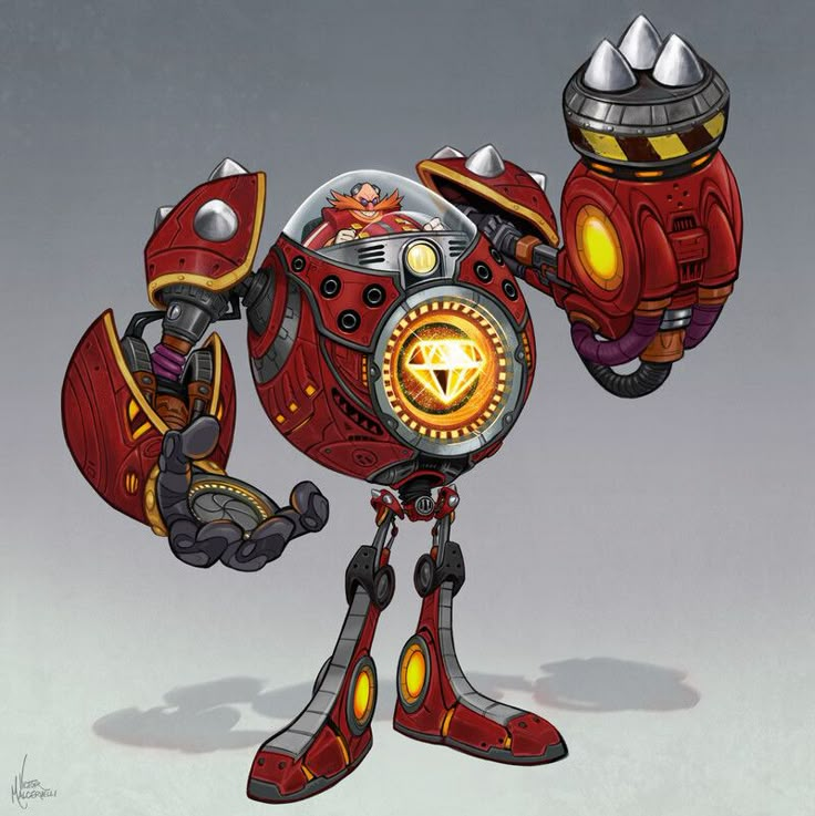 a red and yellow robot holding a large object