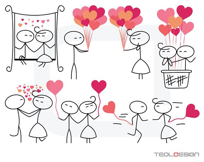 cartoon stick figures holding heart shaped balloons