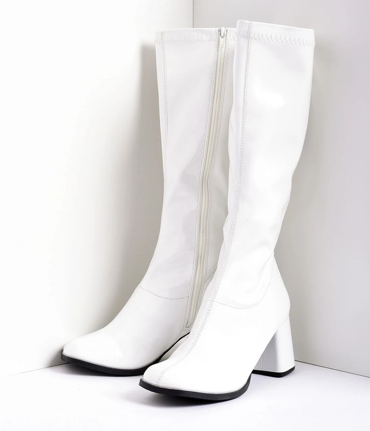 White Stretch Patent Knee High Go Go Boots – Unique Vintage Knee Boots Outfit Dress, Black Over The Knee Boots Outfit, Black Knee High Boots Outfit, White Gogo Boots, Go Go Boots, Over The Knee Boot Outfit, Knee Boots Outfit, High Boots Outfit, Gothic Metal