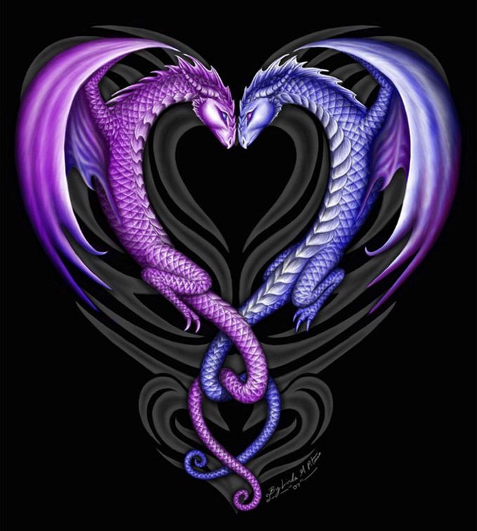 two purple and blue dragon shaped hearts on a black background with swirls in the shape of a heart