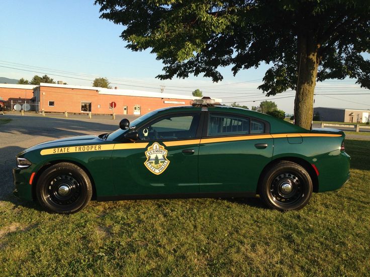 a police car parked in the grass next to a tree