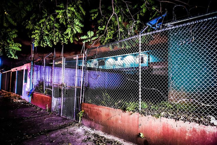 an old building is behind a chain link fence with plants growing out of it at night