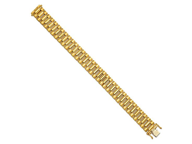 18K yellow and white gold polished finish fancy link bracelet with box clasp. Measures approximately 8 1/2"L x 5/8"W. Modern Gold Chain Bracelet With Box Clasp, Formal Gold Bracelet With Solid Link Construction, Formal Rectangular Chain Bracelet With Box Clasp, Formal Rectangular Gold Jubilee Bracelet, Formal Yellow Gold Jubilee Bracelet, Box Clasp, Gold Polish, Link Bracelets, Two Tone