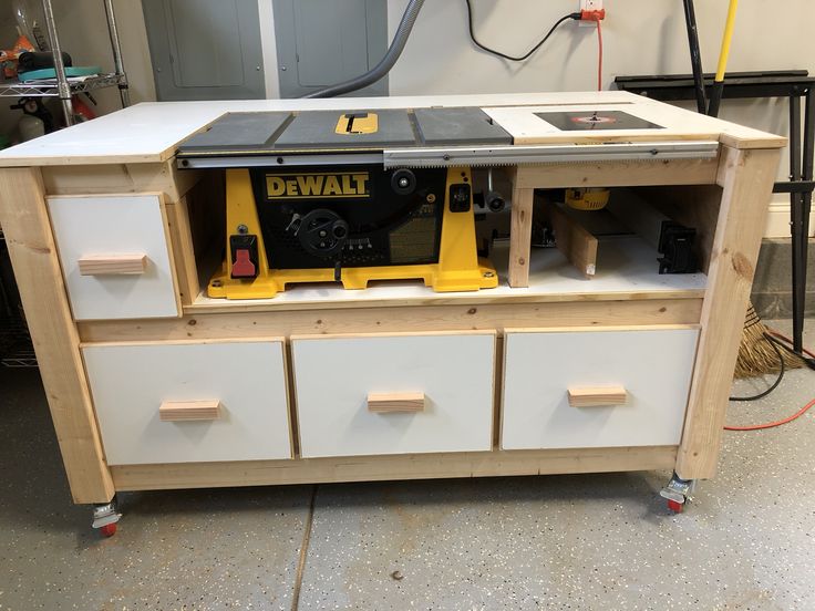 a workbench with drawers and a table sawing machine on it's side